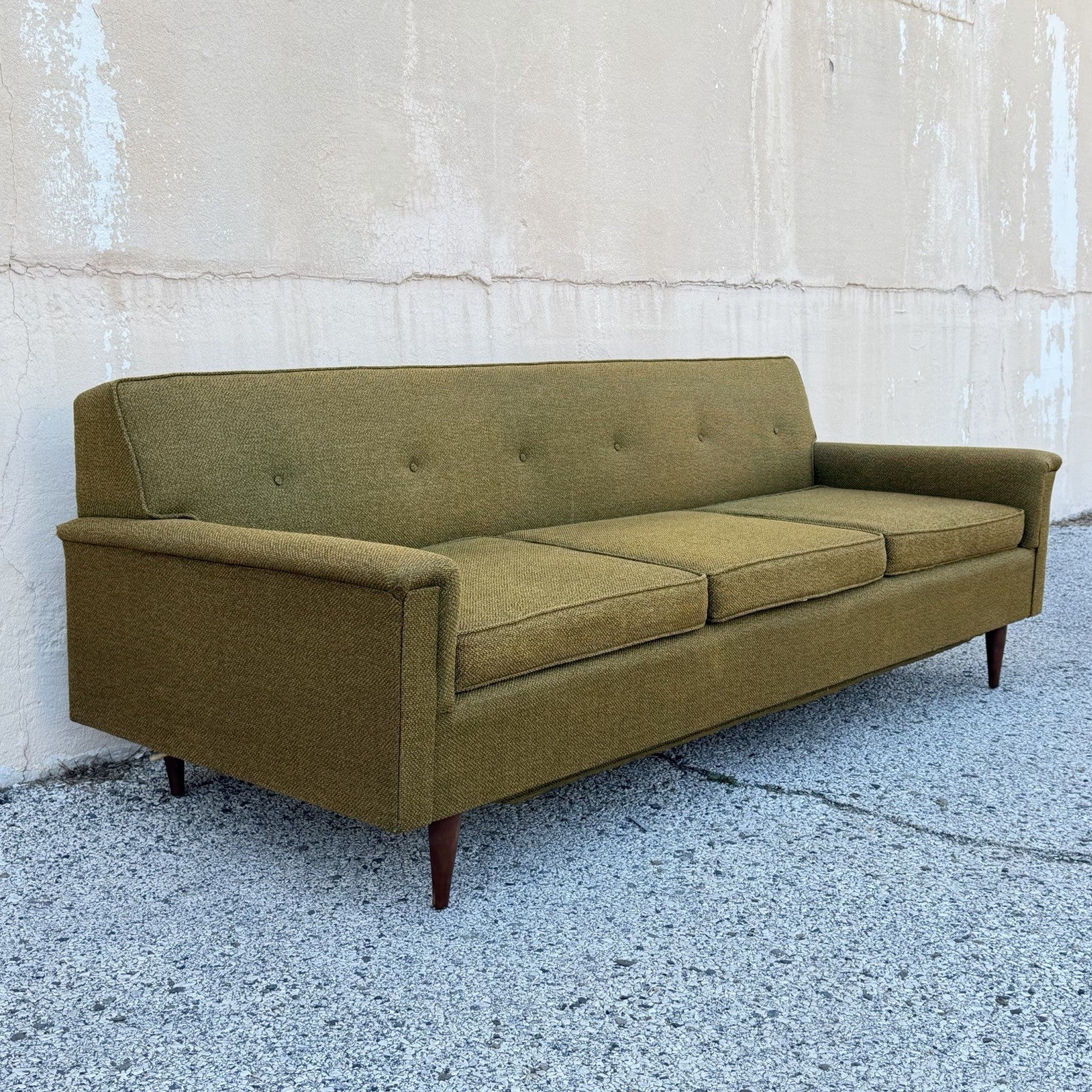 Vintage Mid Century Modern Greenish Brown Tufted 82" Sofa Couch w/ Walnut Legs