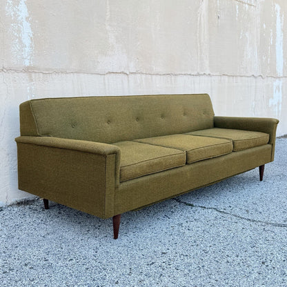 Vintage Mid Century Modern Greenish Brown Tufted 82" Sofa Couch w/ Walnut Legs