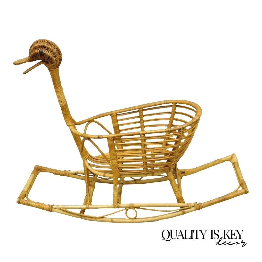 Mid Century Modern Wicker Rattan Figural Duck Rocker Bassinet Basket Crib