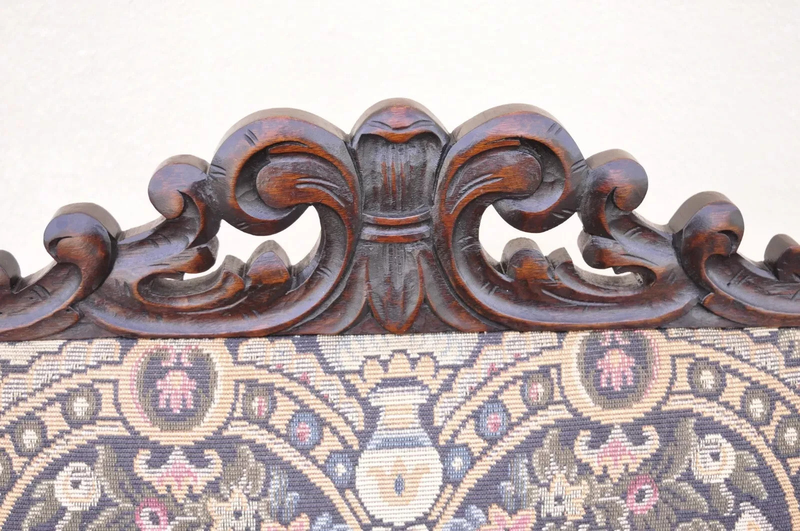 Antique Italian Renaissance Baroque Tapestry Carved Walnut Throne Arm Chair
