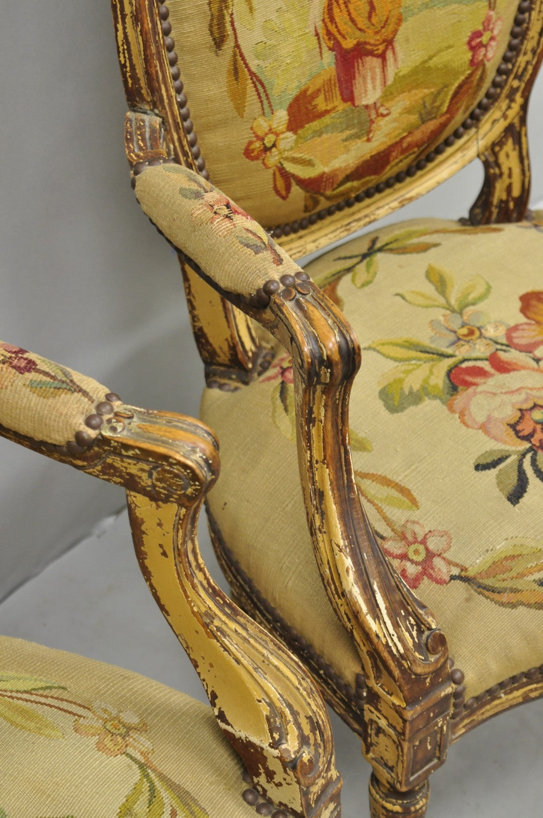 Antique French Louis XVI Style Aubusson Tapestry Fauteuil Arm Chairs - a Pair