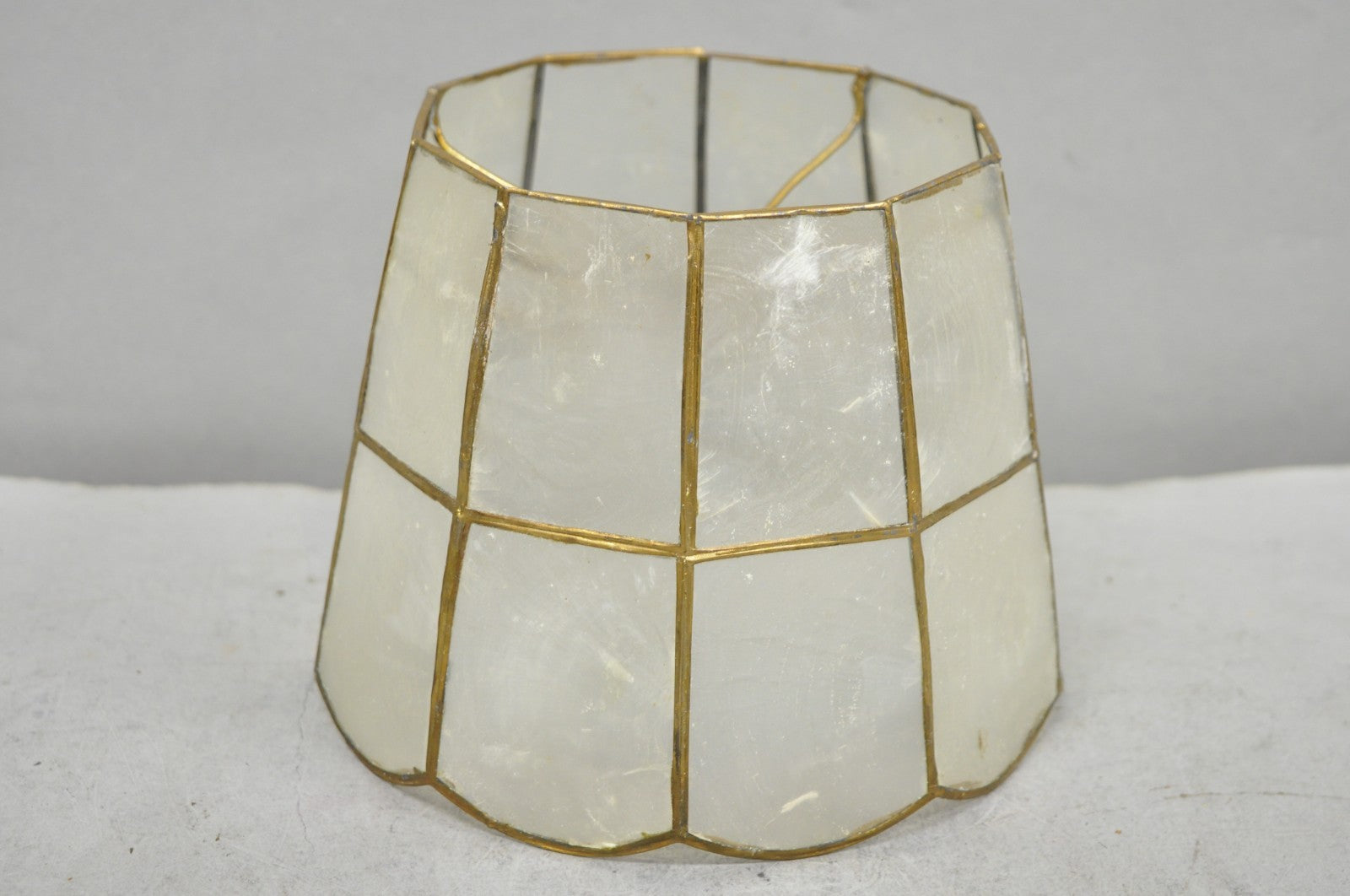 Vintage Italian Hollywood Regency Capiz Shell Gold 7.25 Round Clip On Lamp Shade