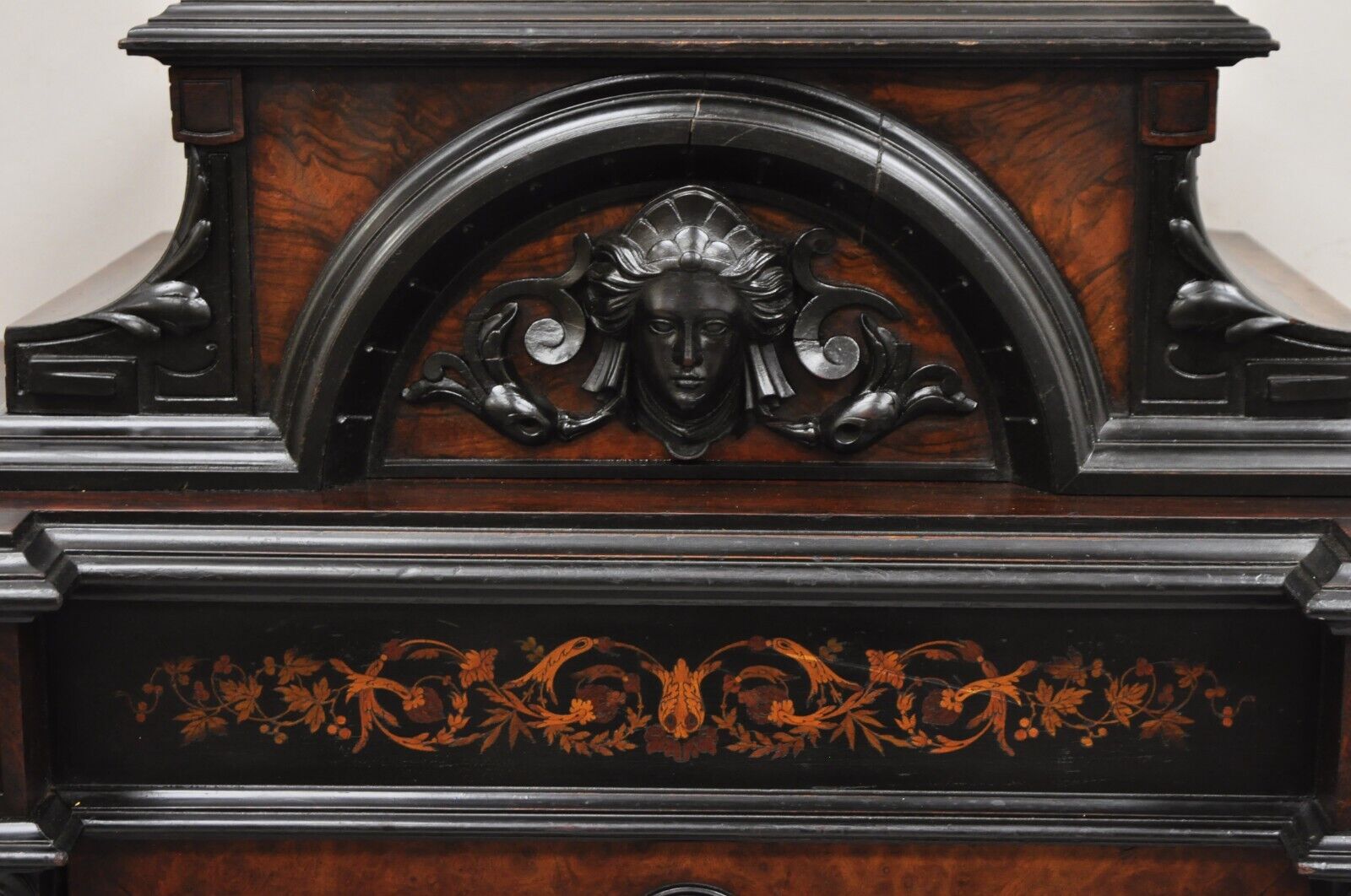 Victorian Ebonized Rosewood Figural Carved Parlor Cabinet attr. Pottier & Stymus