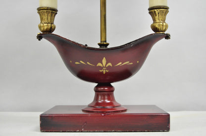 Vintage French Empire Red Painted Tole Metal Bouillotte Desk Table Lamp w/ Shade
