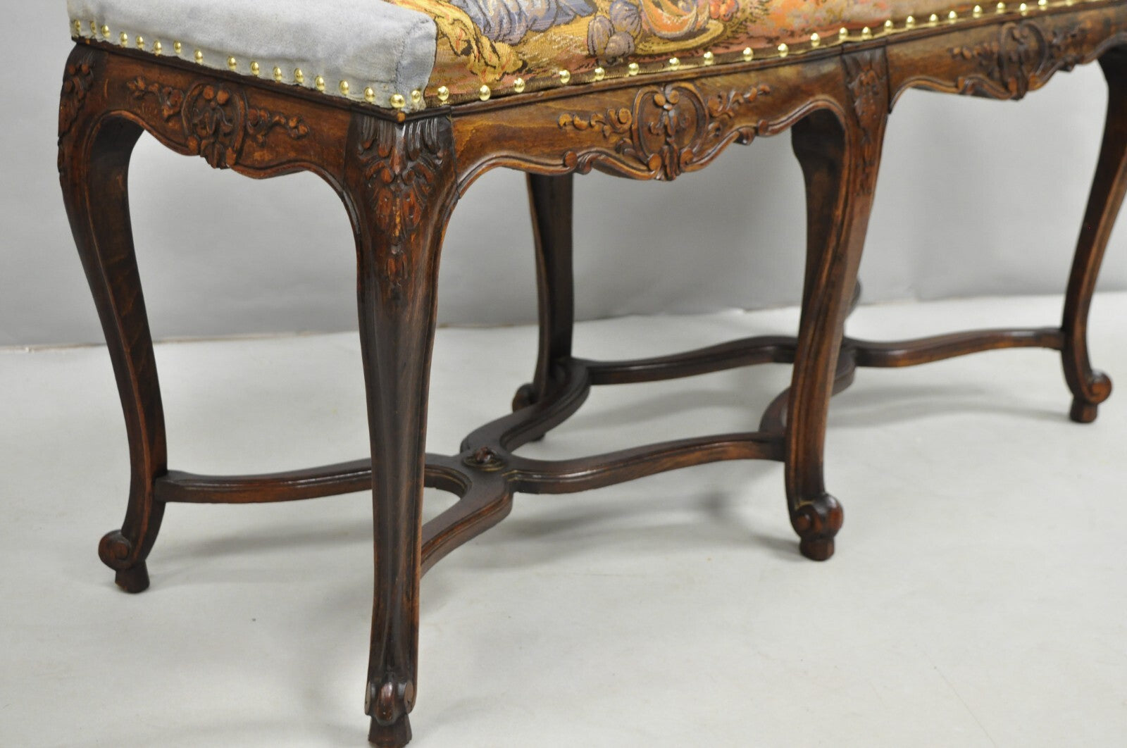 Vintage French Country Louis XV Style Walnut Bench w/ Arabian Market Tapestry