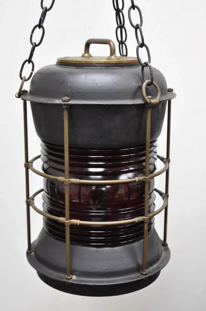 Antique Durkee Marine Ship Lantern Fixture Red Fresnel Pendant Chandelier (A)