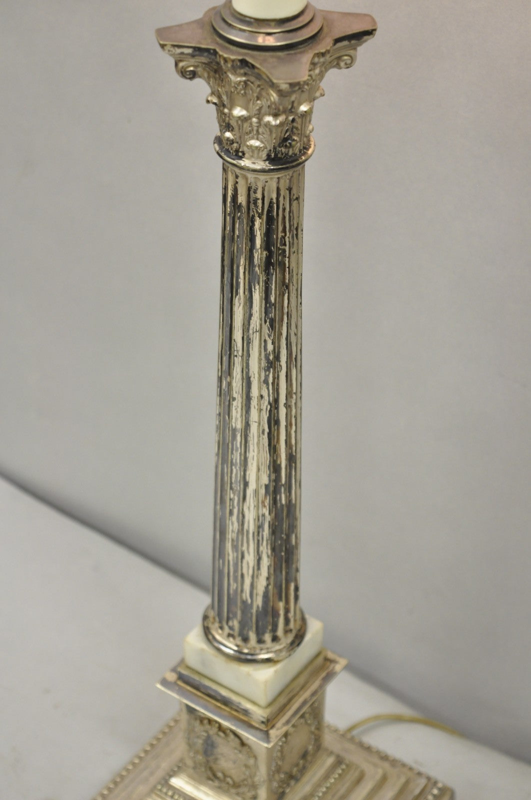 Antique French Empire Silver Plated Corinthian Column Candlestick Table Lamp