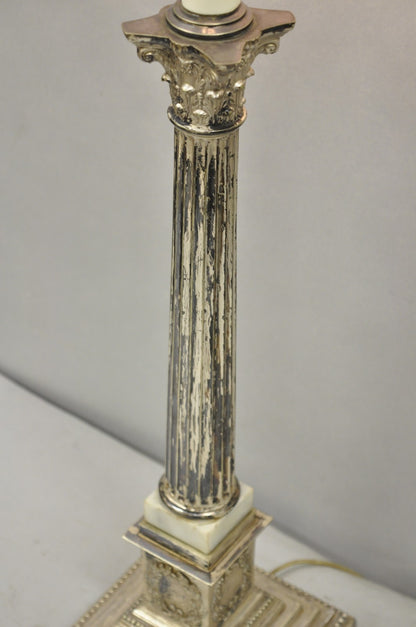 Antique French Empire Silver Plated Corinthian Column Candlestick Table Lamp