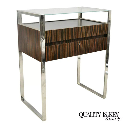 Modern Zebra Wood Chrome Glass Jewelry Closet Display Counter Case with Drawer