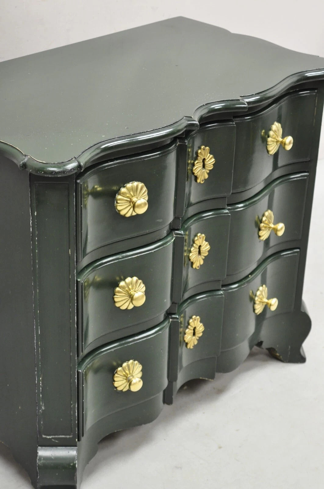 Vintage French Country Provincial Green Lacquer 3 Drawer Nightstand by Roundtree