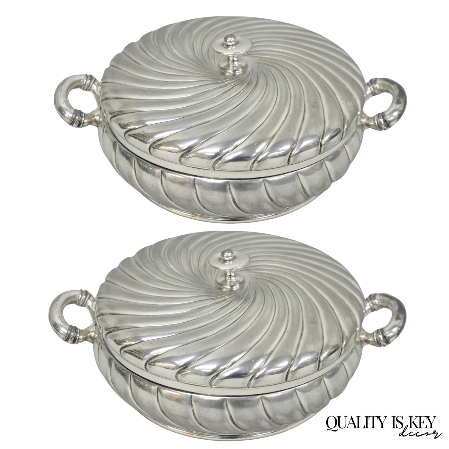 Antique Meriden B Co Spiral Swirl Silver Plated Covered Serving Dish Tureen Pair