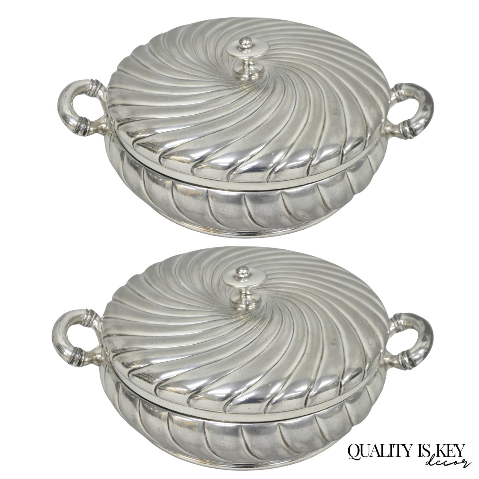 Antique Meriden B Co Spiral Swirl Silver Plated Covered Serving Dish Tureen Pair