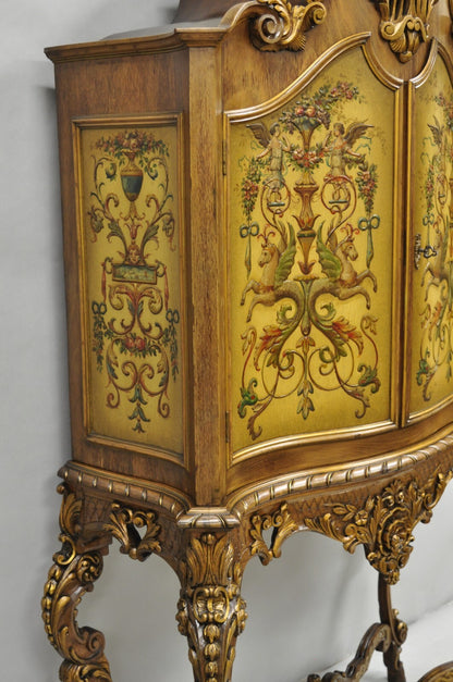 French Rococo Carved Walnut Hand Painted Louis XV Style Blind China Cabinet Bar