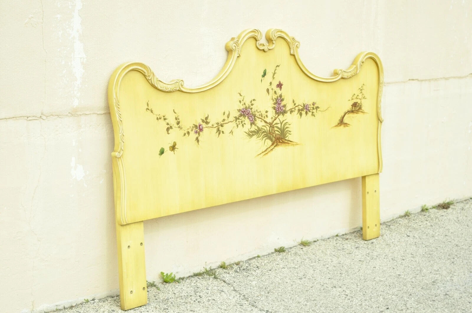 Vintage Chinoiserie Yellow Painted King Size Bed Headboard by Union National