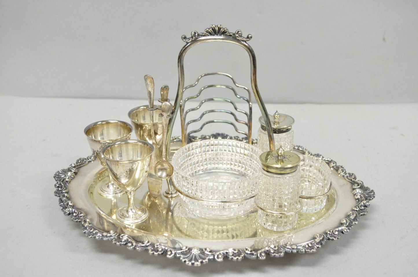Antique Victorian Silver Plated Footed Cut Glass Breakfast Set Toast Rack w Tray
