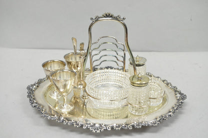 Antique Victorian Silver Plated Footed Cut Glass Breakfast Set Toast Rack w Tray