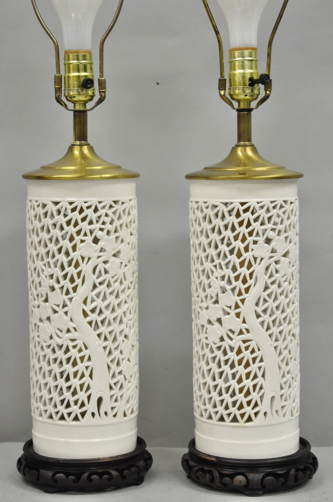 Chinoiserie White Blanc De Chine Porcelain Cherry Blossom Table Lamp - a Pair