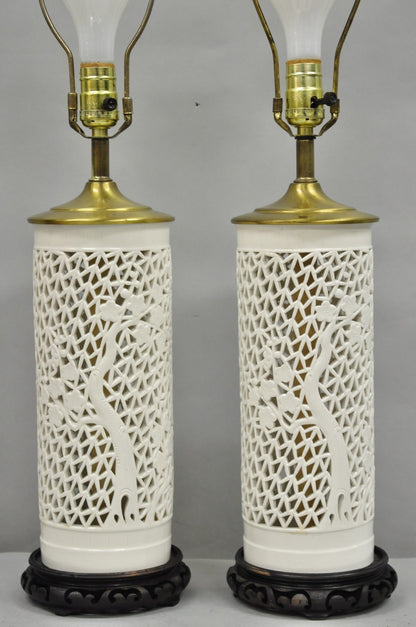 Chinoiserie White Blanc De Chine Porcelain Cherry Blossom Table Lamp - a Pair