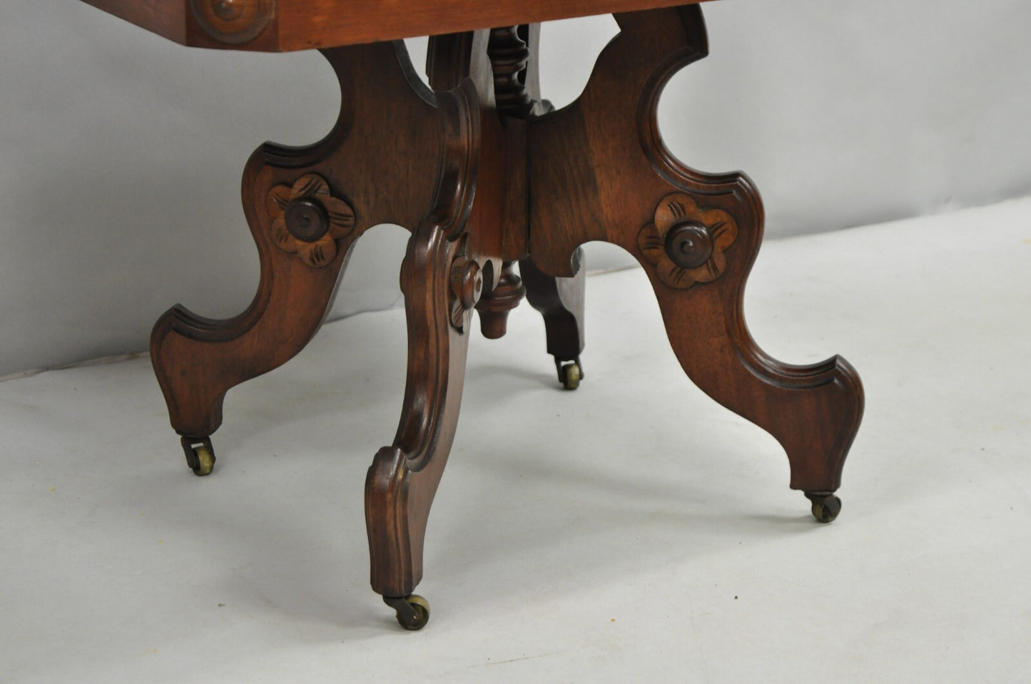 Antique Eastlake Victorian Small Marble Top Pedestal Base Coffee Table w/ Drawer