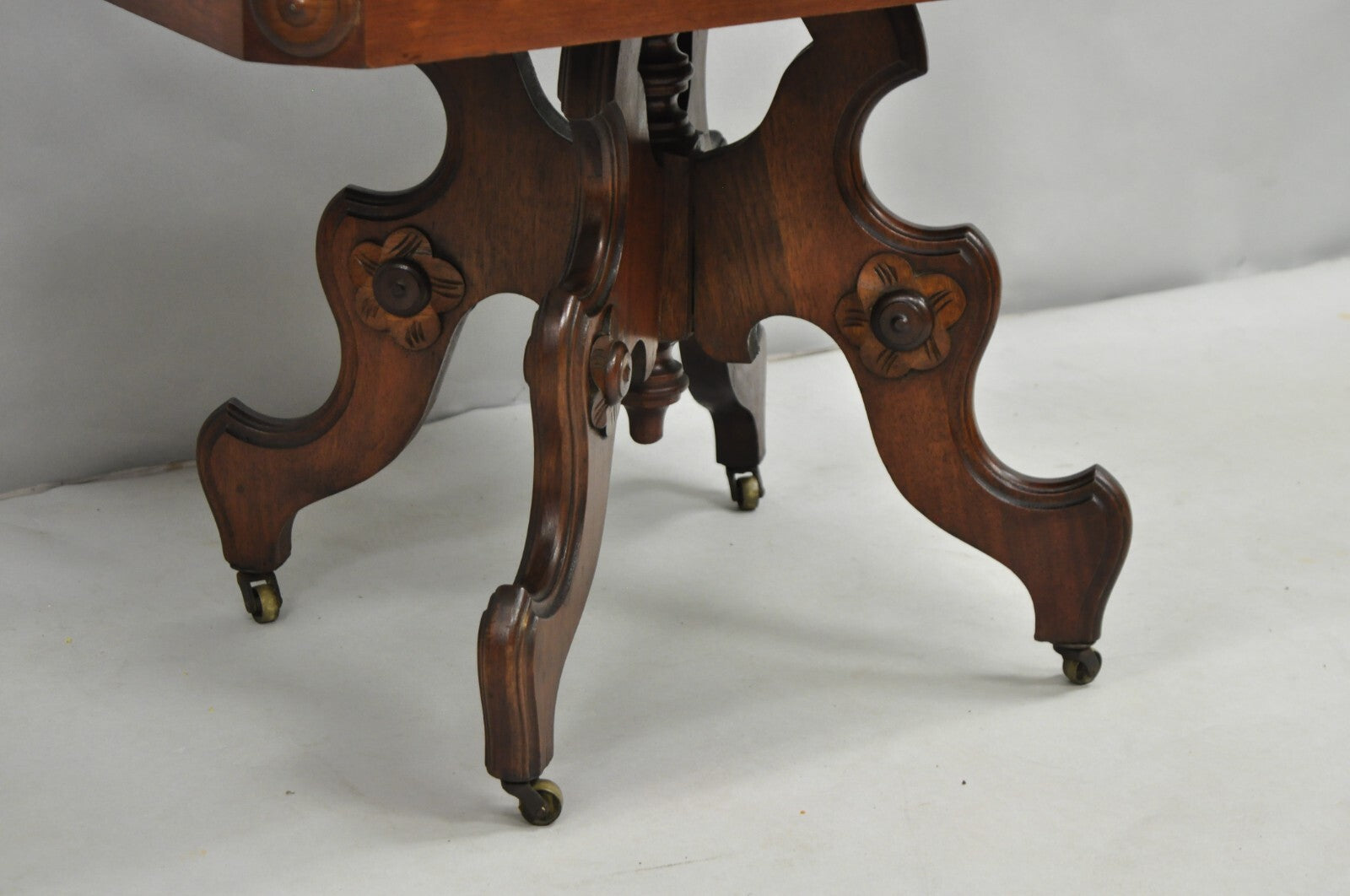Antique Eastlake Victorian Small Marble Top Pedestal Base Coffee Table w/ Drawer