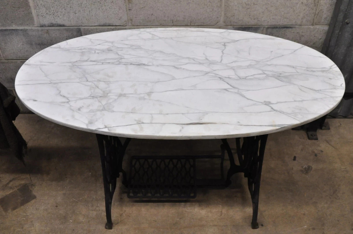 Antique Cast Iron Singer Treadle Sewing Machine Base Oval Marble Console Table
