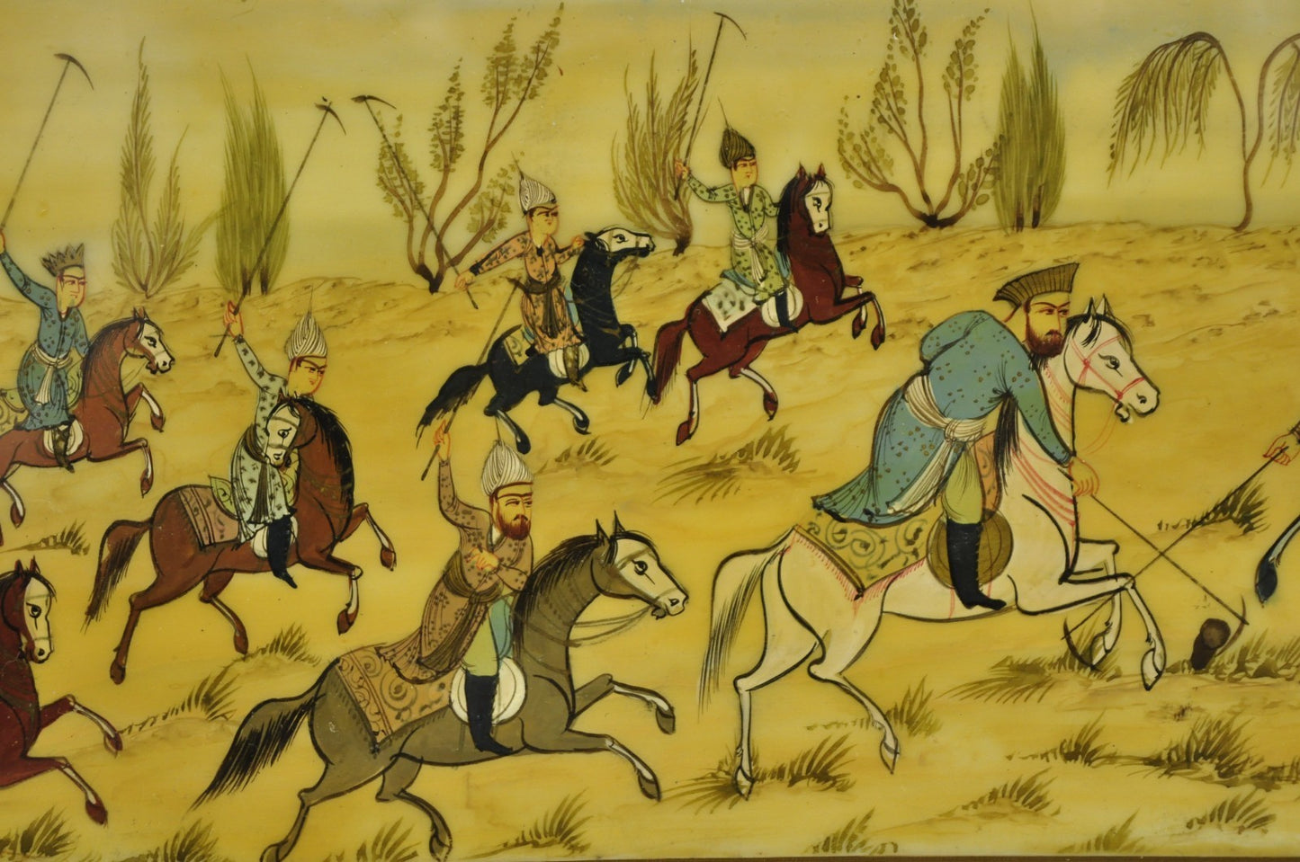 Vintage Persian Miniature Framed Hand Painted Polo Players & Horses on Bone