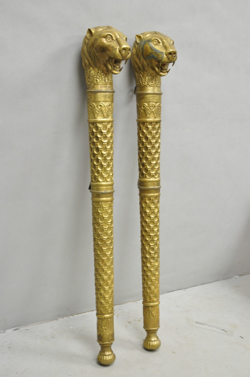 Vintage Italian Regency Neoclassical Large Brass Lion Sconce Door Handles Pair