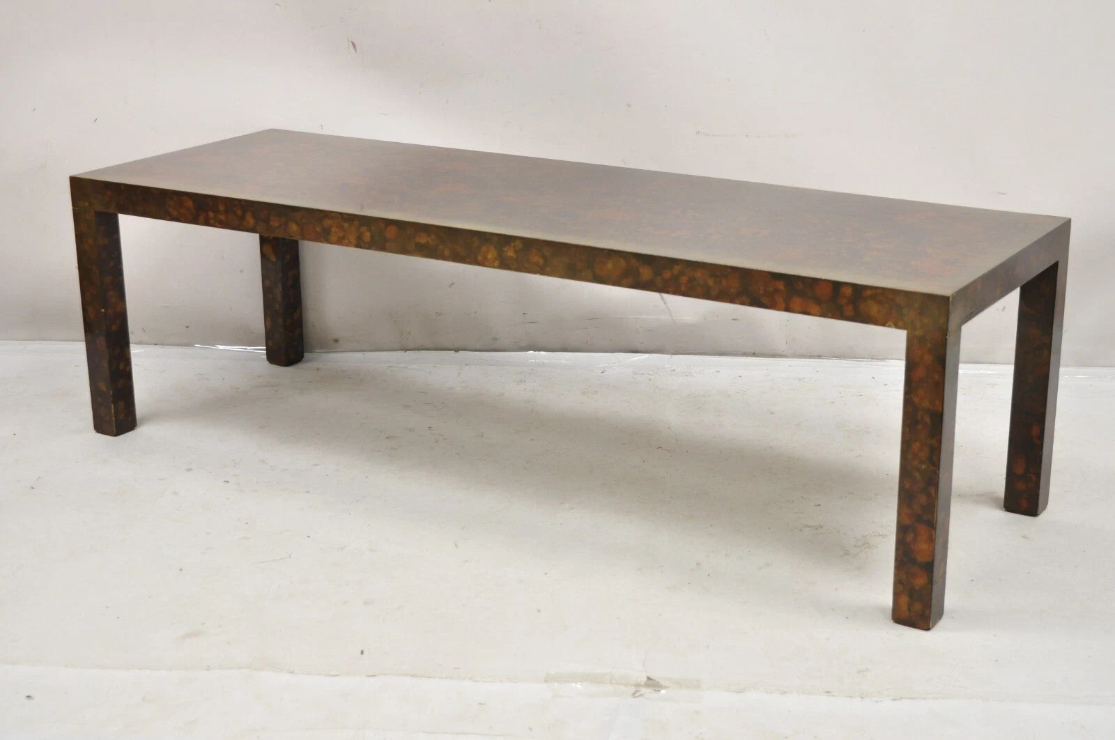Mid Century Modern Brown Tortoiseshell Lacquer 54" Parsons Bench Coffee Table