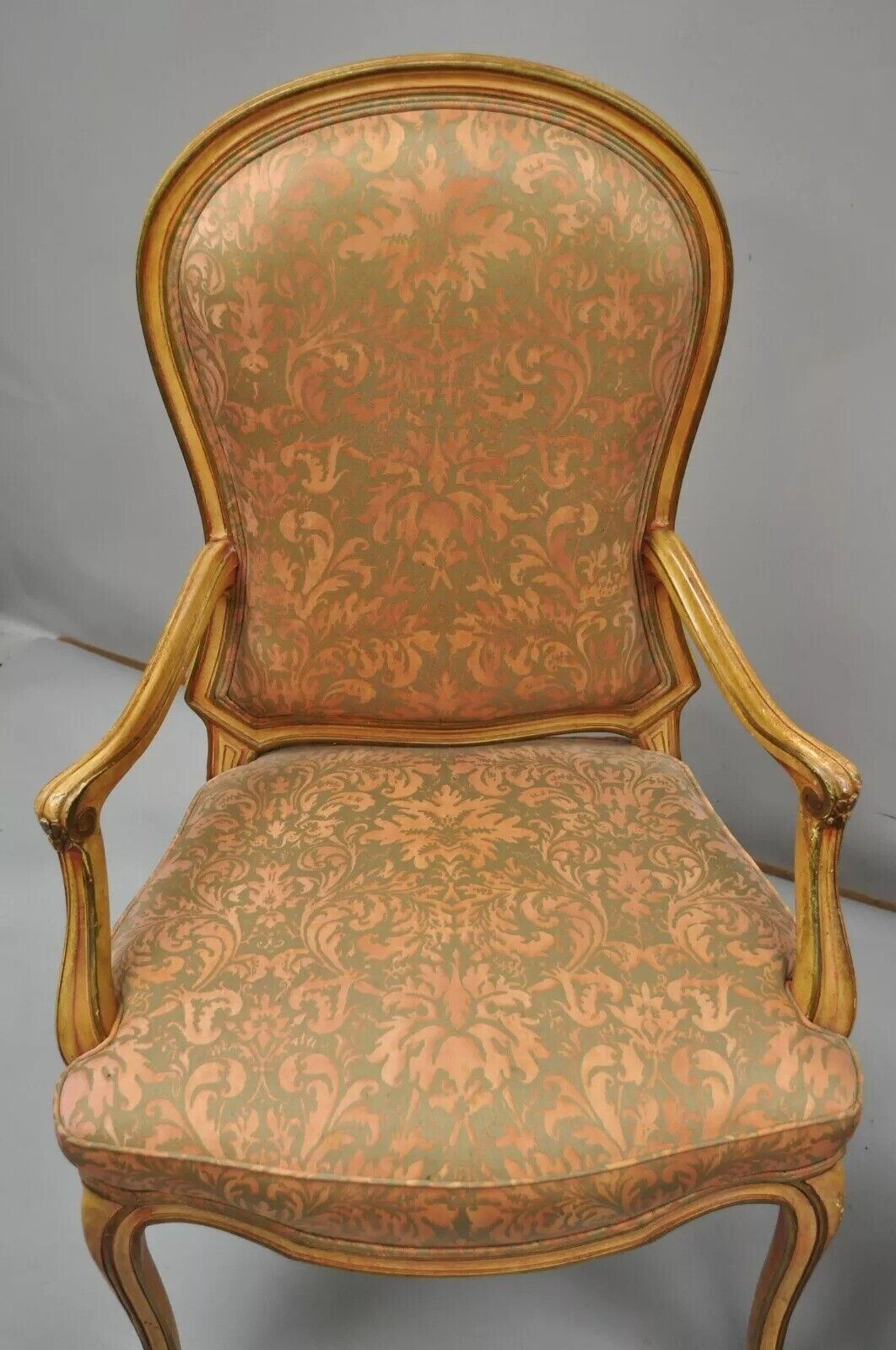 Italian Provincial French Hollywood Regency Upholstered Dining Arm Chairs - Pair