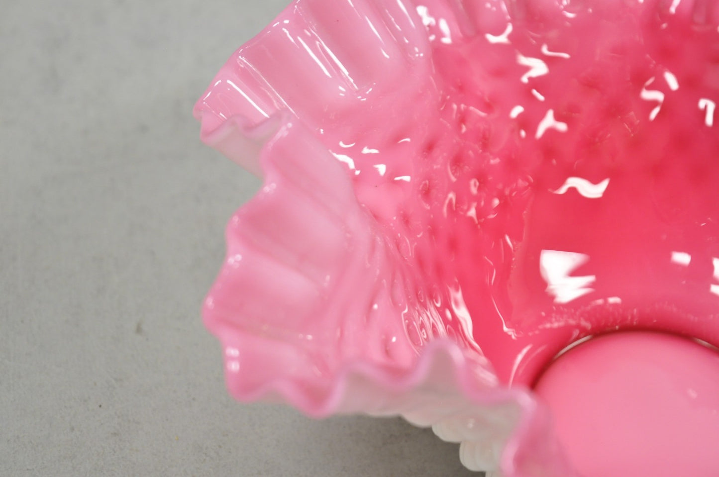 Vintage Pink & White Hobnail Cased Glass Candy Dish Ruffled Bowl Brides Basket