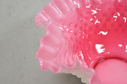 Vintage Pink & White Hobnail Cased Glass Candy Dish Ruffled Bowl Brides Basket