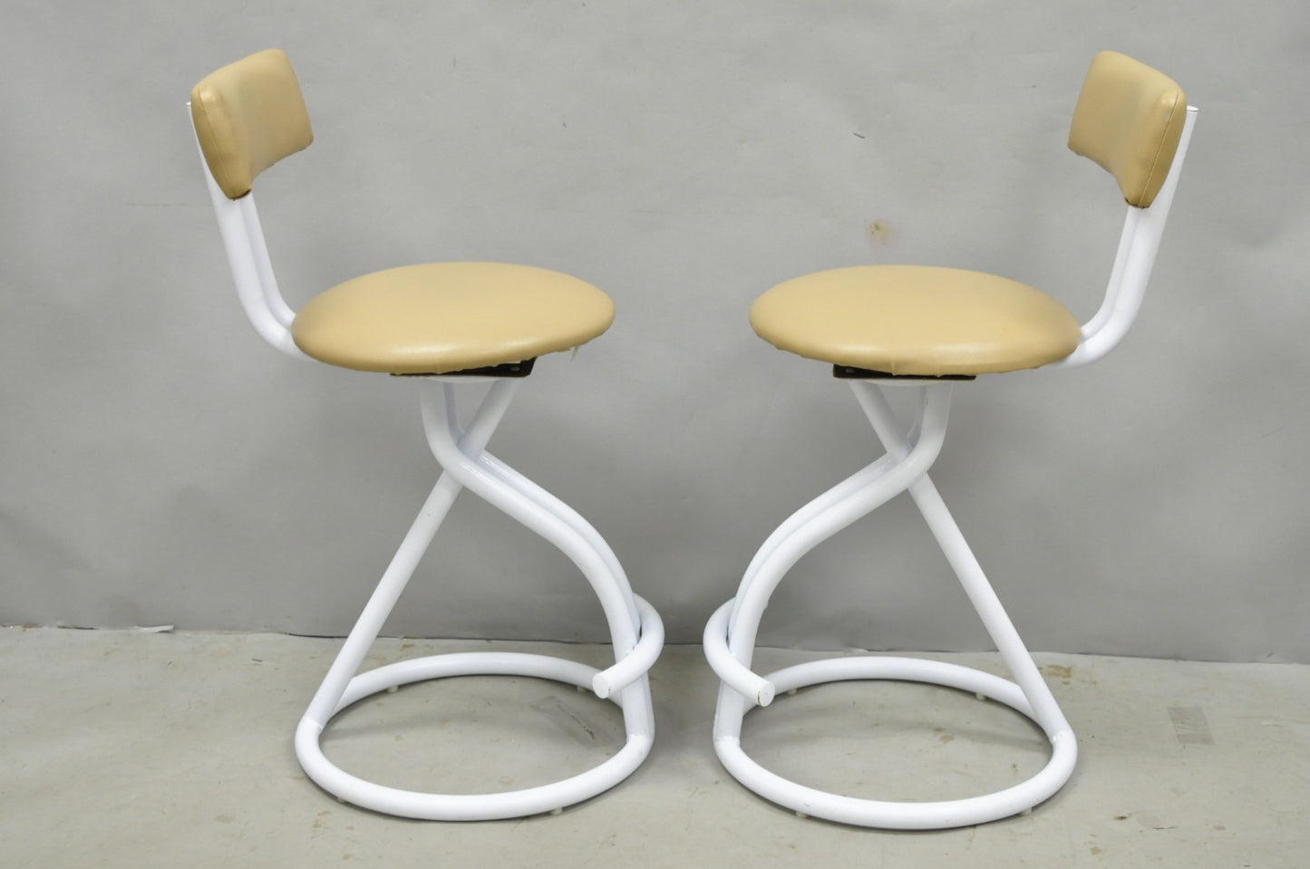 Vintage Postmodern Memphis Style White Tubular Metal Swivel Bar Stools  - a Pair