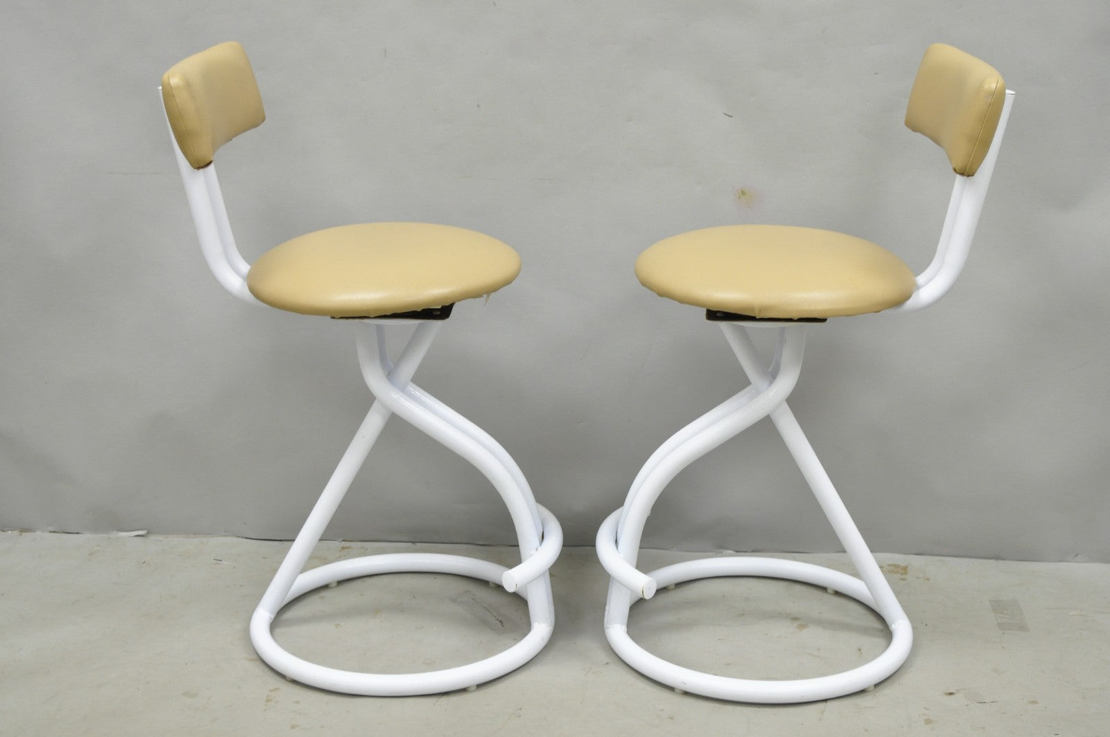 Vintage Postmodern Memphis Style White Tubular Metal Swivel Bar Stools  - a Pair
