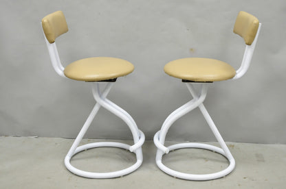 Vintage Postmodern Memphis Style White Tubular Metal Swivel Bar Stools  - a Pair