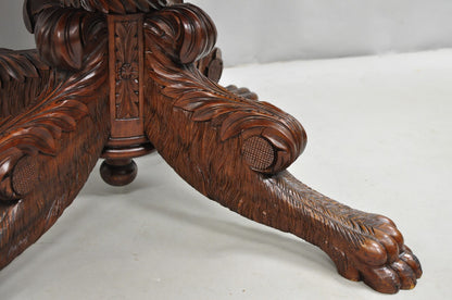 Antique French Empire Carved Mahogany Paw Foot Pedestal Base Round Center Table