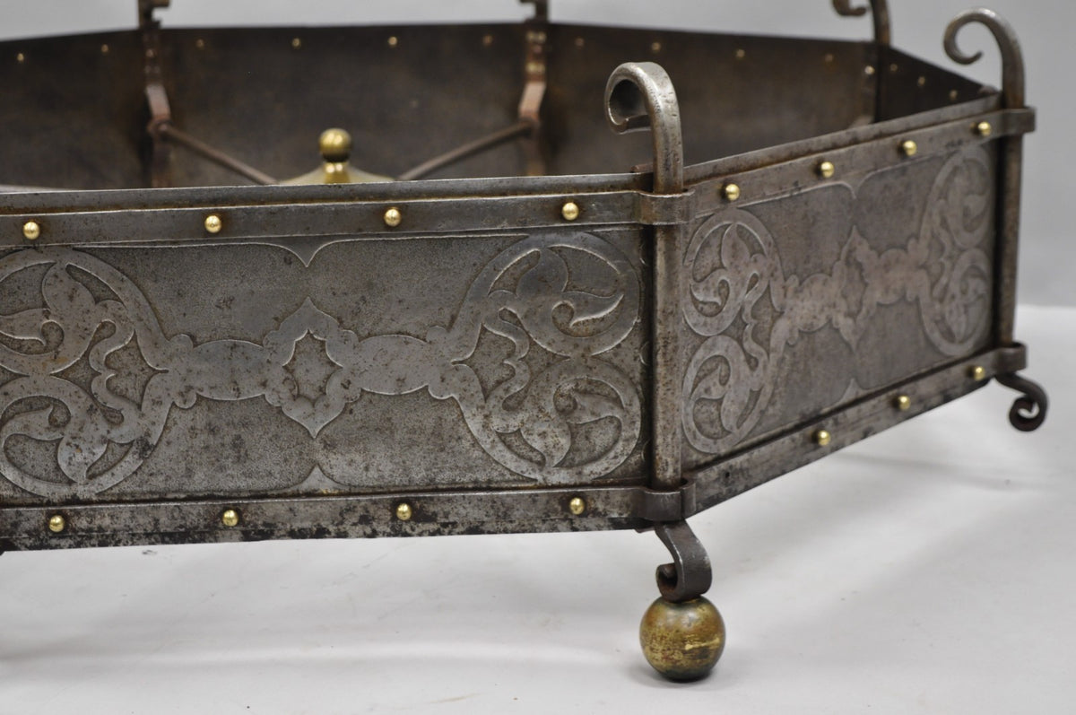 Antique Gothic Spanish Renaissance Steel Brass Octagonal Glass Top Coffee Table