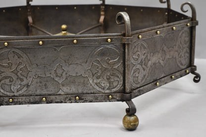 Antique Gothic Spanish Renaissance Steel Brass Octagonal Glass Top Coffee Table