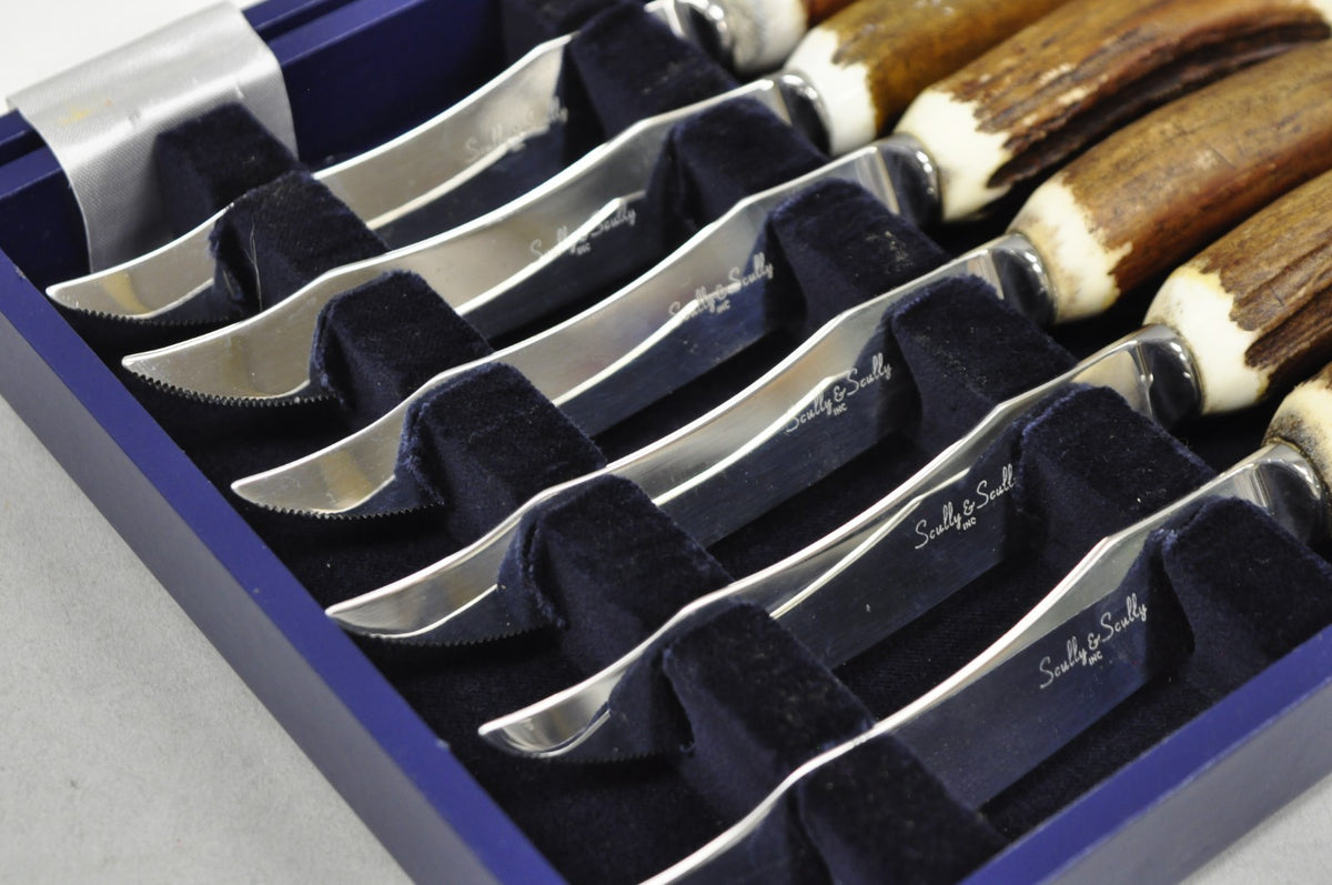 Scully & Scully Arts & Crafts Natural Staghorn Handle Steak Knives - Set of 6