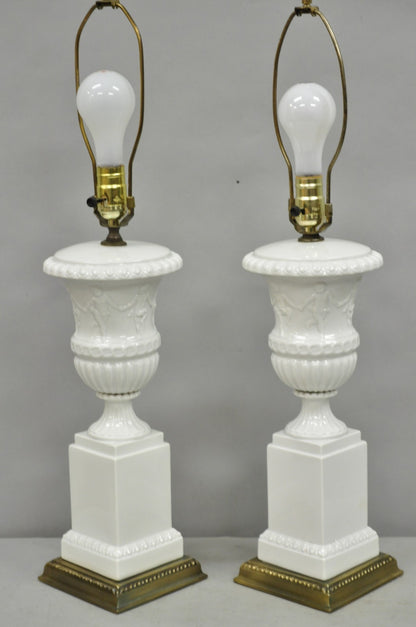 Vintage Italian Neoclassical White Porcelain Urn Table Lamps w/ Cherubs - a Pair