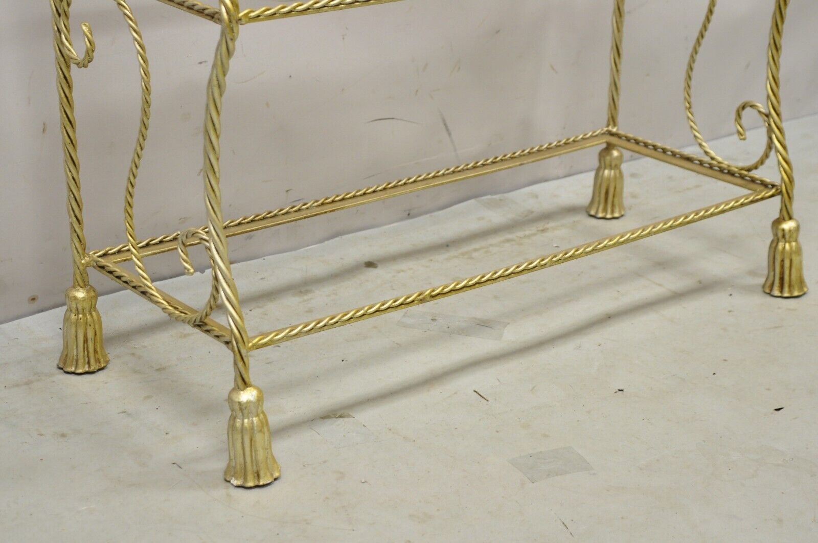 Italian Hollywood Regency Rope Tassel Silver Gold 5 Tier Iron Bakers Rack Shelf