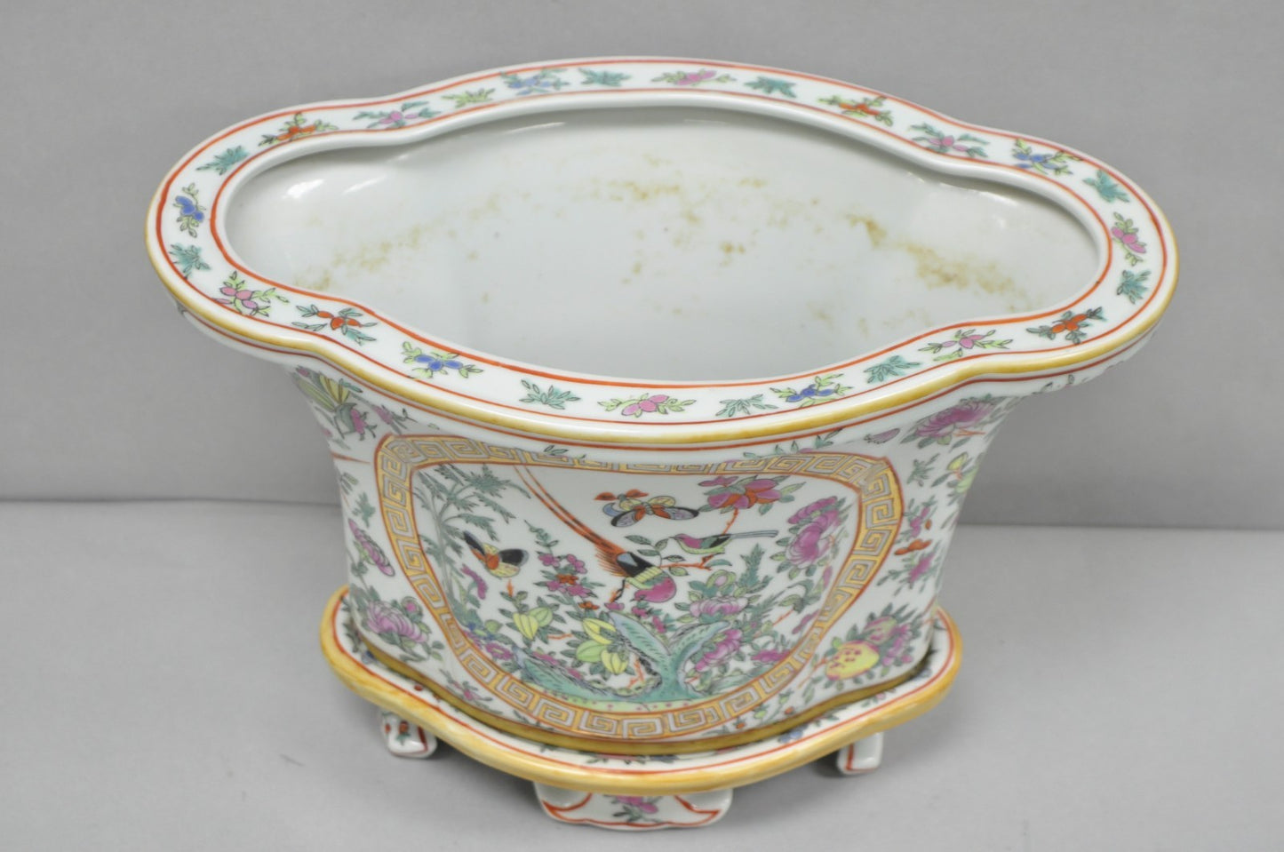 Vintage Chinese Export Porcelain Bird Painted Cachepot Flower Pot Vase