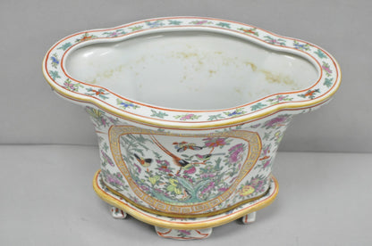 Vintage Chinese Export Porcelain Bird Painted Cachepot Flower Pot Vase