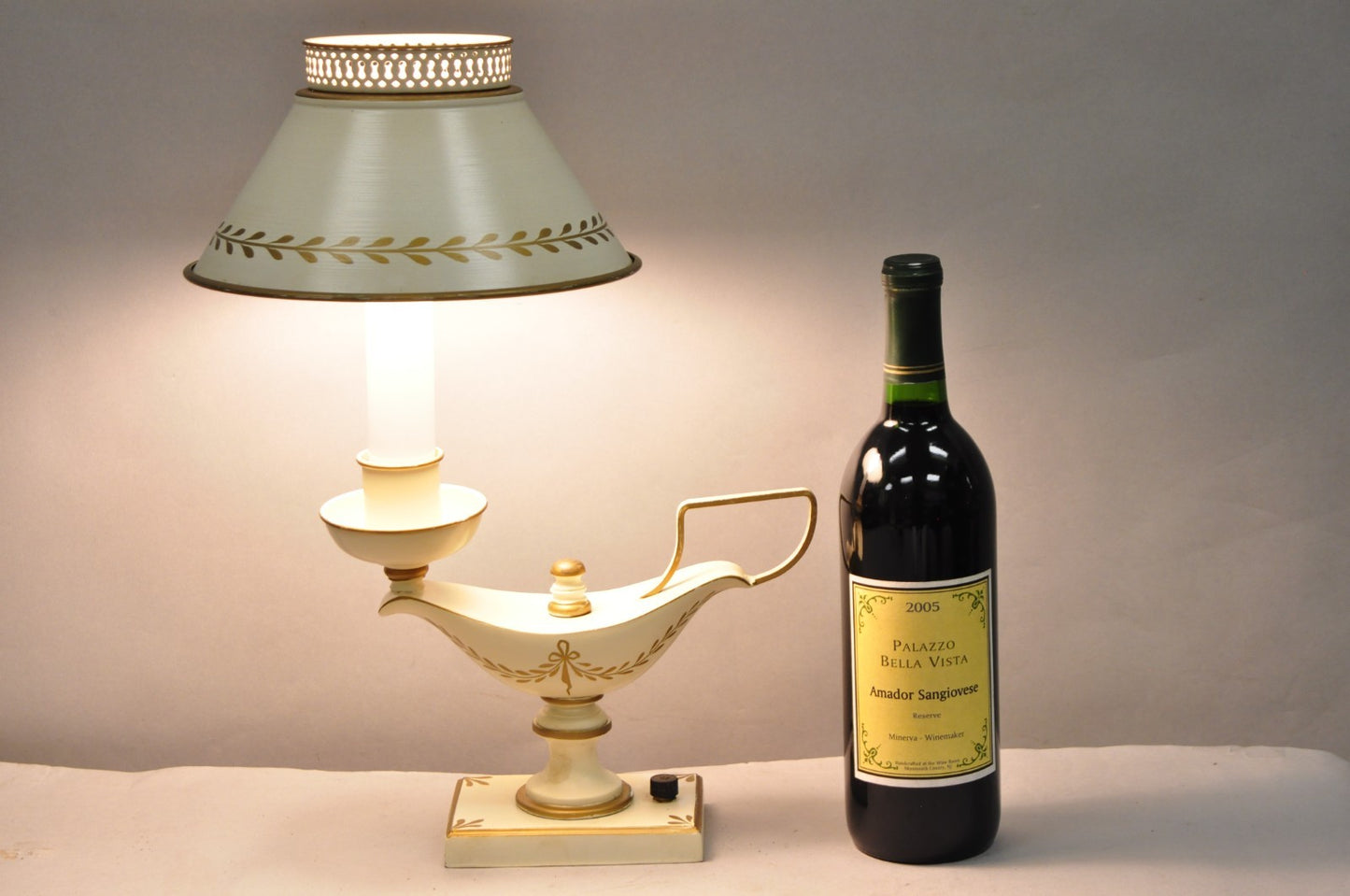 Vintage French Country White Gold Small Genie Lantern Tole Bouillotte Desk Lamp