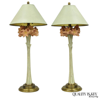 Vintage Hollywood Regency Pink Lily Flower Bouquet Tall Table Lamps by Hart Pair