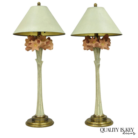 Vintage Hollywood Regency Pink Lily Flower Bouquet Tall Table Lamps by Hart Pair