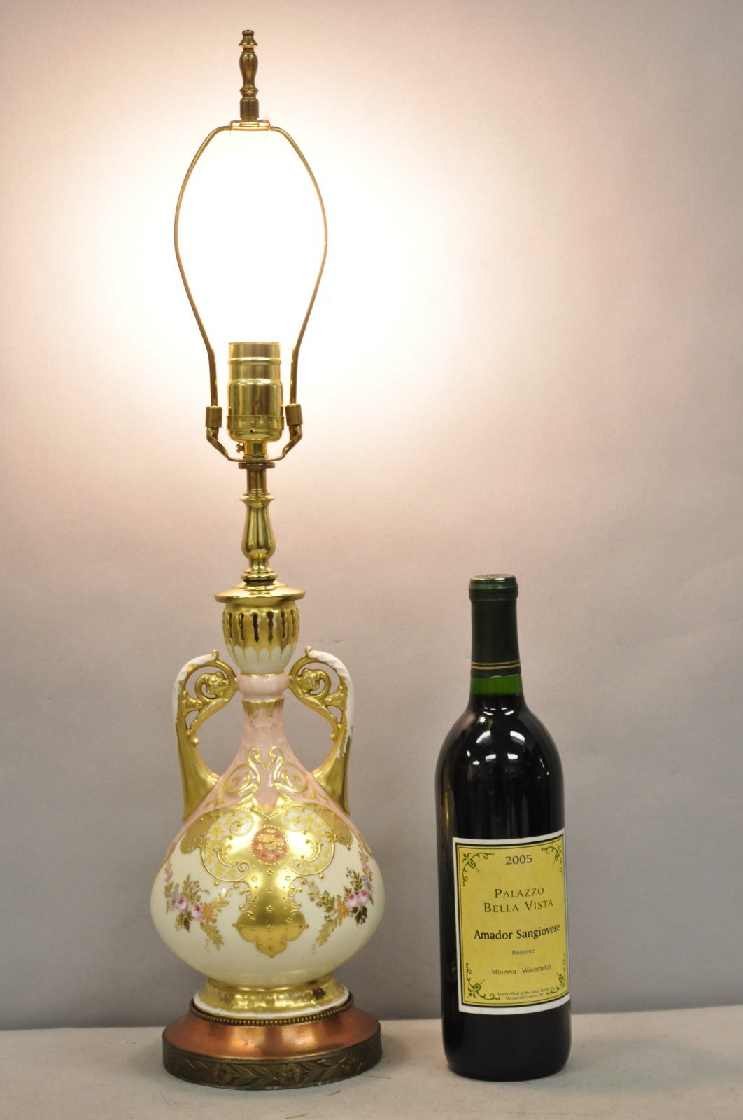 Antique Victorian Austrian Porcelain Pink Gold Gilt Small Boudoir Table Lamp