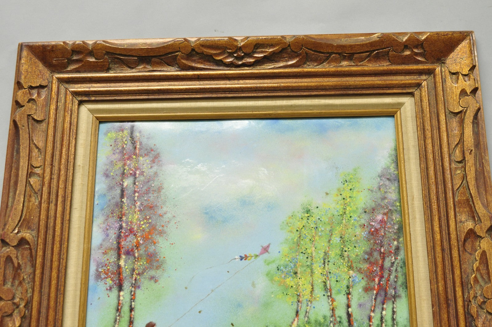 Vintage Louis Cardin Enamel on Copper Painting Framed "Woman with Boys & Kite"