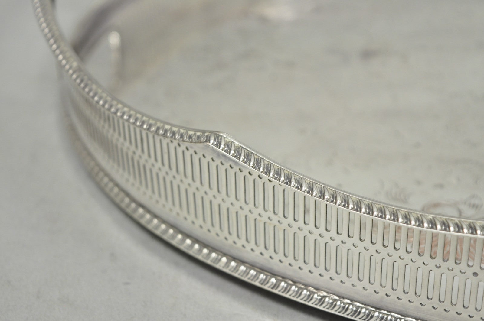 Vintage English Edwardian Silver Plated Oval Scalloped Gallery Bar Platter Tray