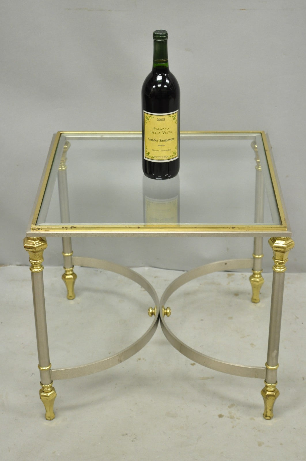 Vintage French Directoire Maison Jansen Style Steel Brass Low Square Side Table