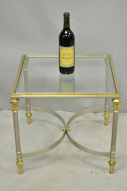 Vintage French Directoire Maison Jansen Style Steel Brass Low Square Side Table
